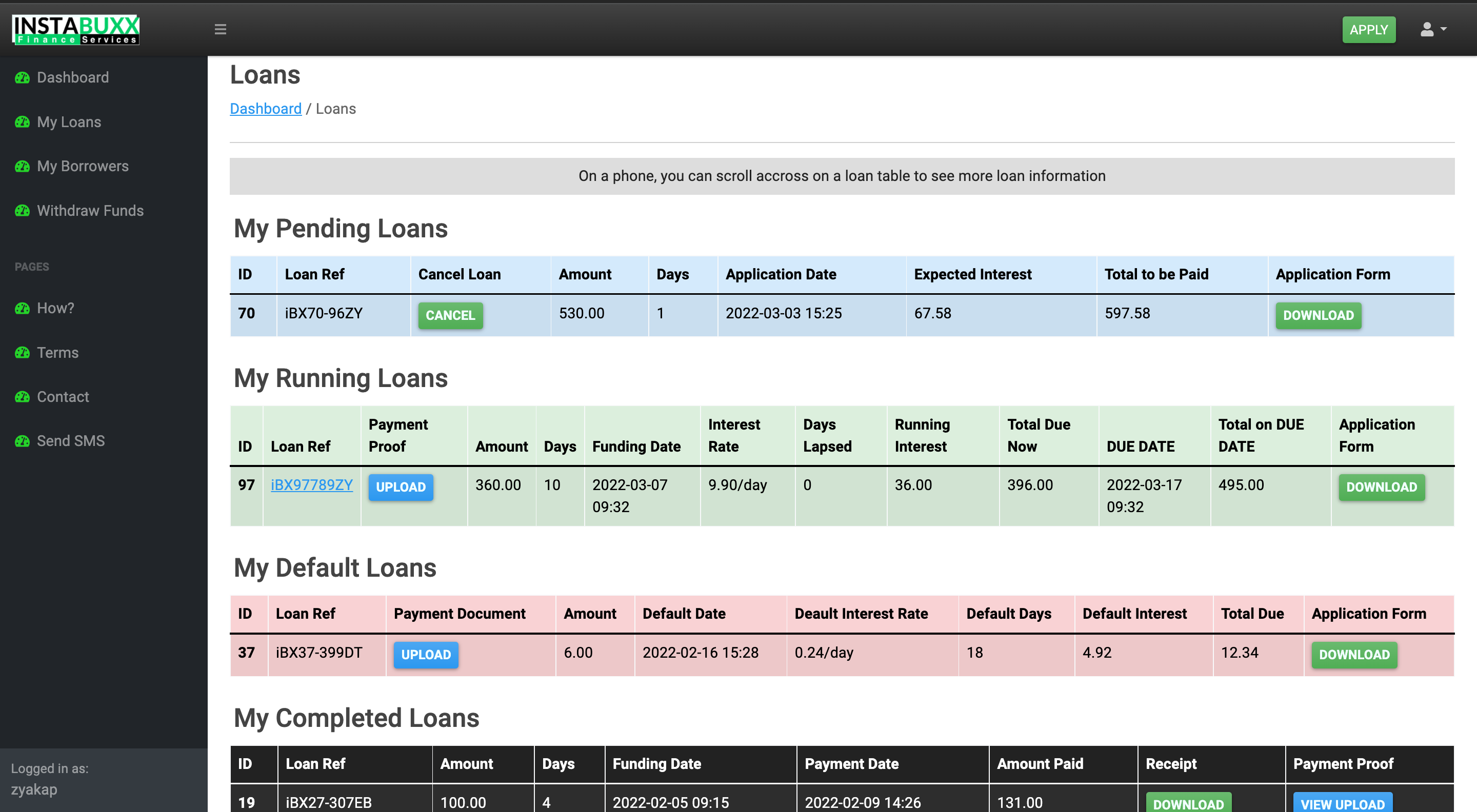 The lender loans page